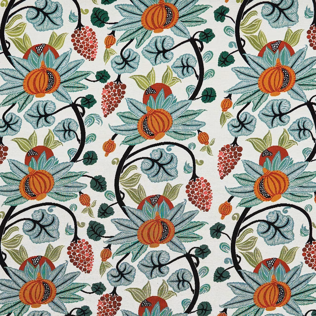 Ivory outdoor fabric with large floral motif, teal leaves and orange blooms