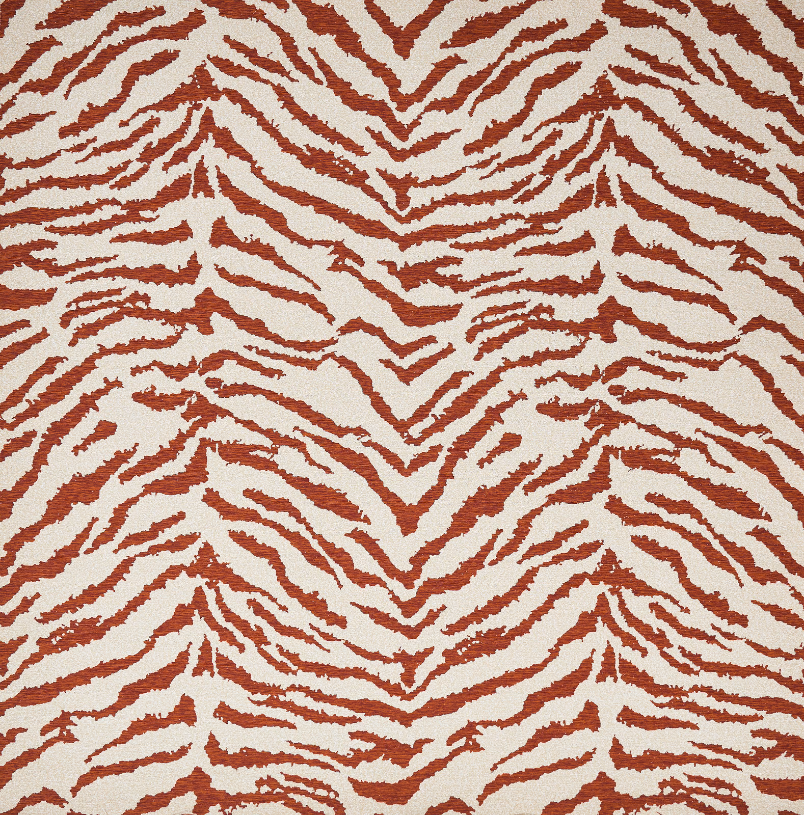 Terracotta zebra-stripe upholstery fabric on a cream ground, large-scale woven pattern