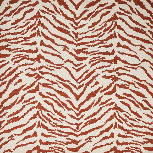 Terracotta zebra-stripe upholstery fabric on a cream ground, large-scale woven pattern