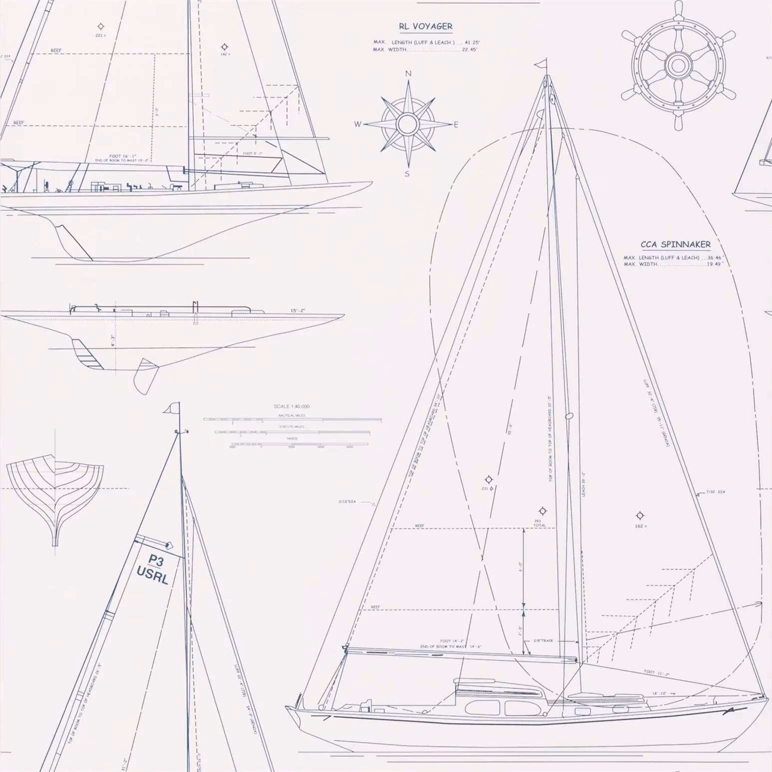Boat Blueprint Dark Blue on White fabric