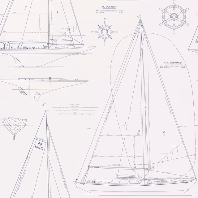 Boat Blueprint Dark Blue on White fabric