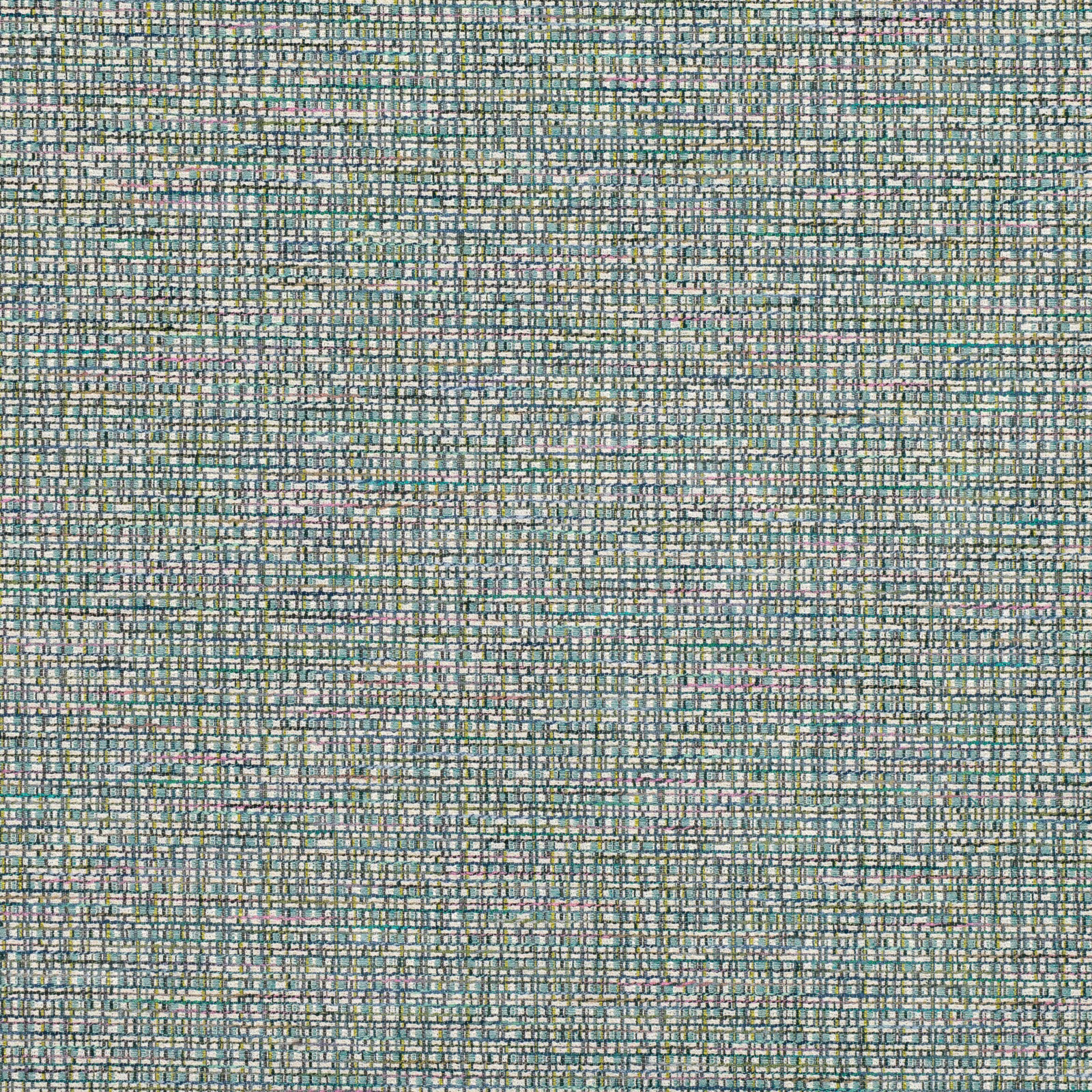 Muted lagoon teal fabric with fine grey and pale neutral woven micro-check texture