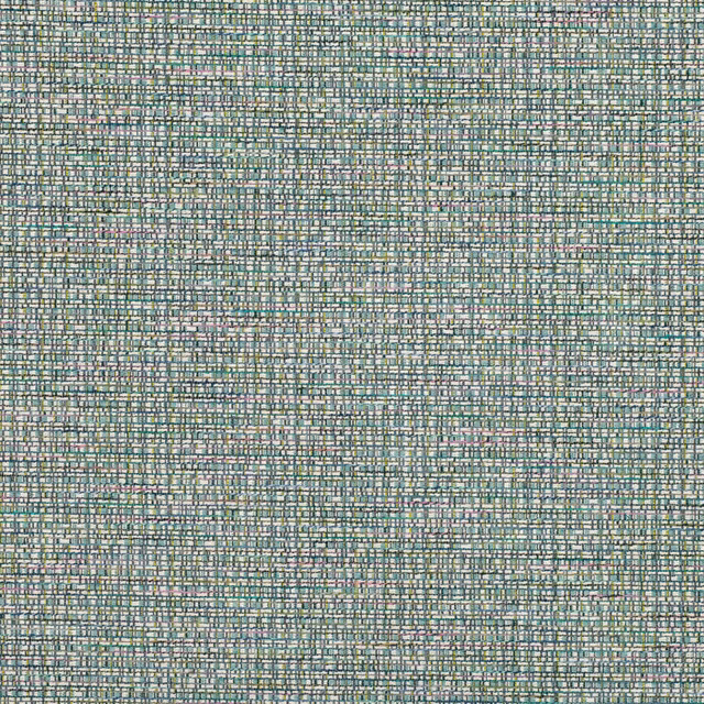 Muted lagoon teal fabric with fine grey and pale neutral woven micro-check texture