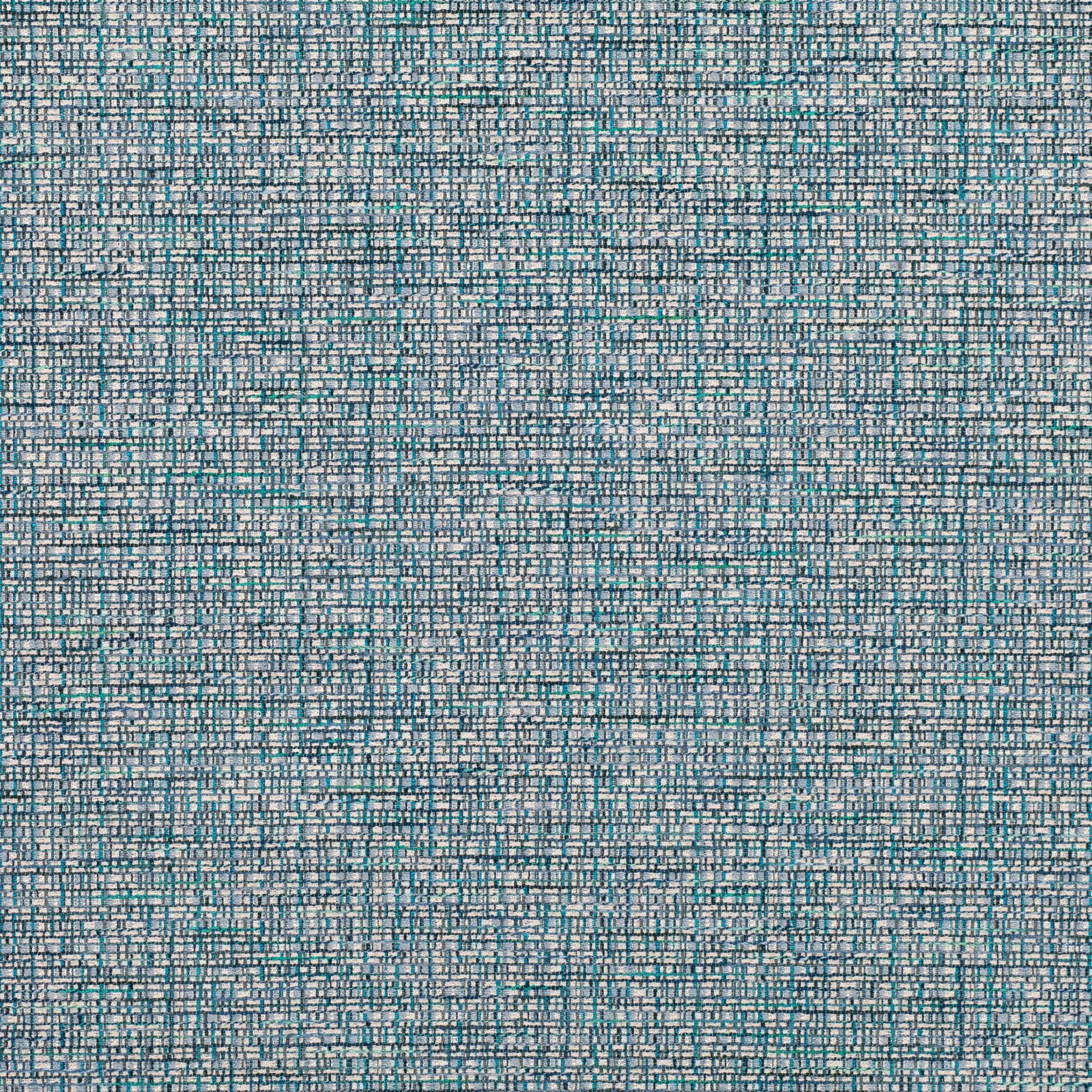 Muted peacock teal fabric with dense pale blue and charcoal crosshatch weave