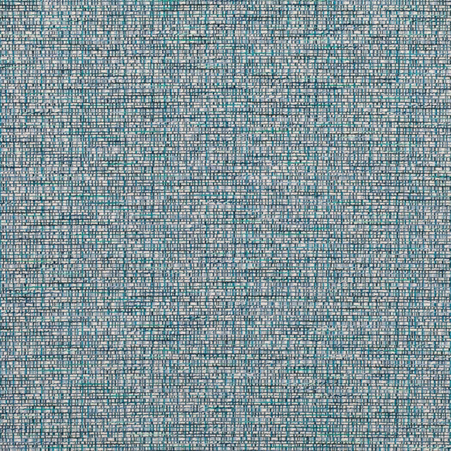 Muted peacock teal fabric with dense pale blue and charcoal crosshatch weave