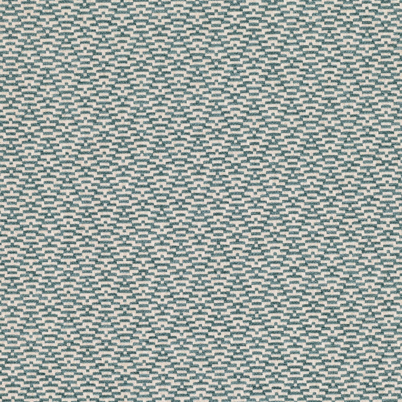 Close view of muted teal and ivory small-scale geometric woven texture