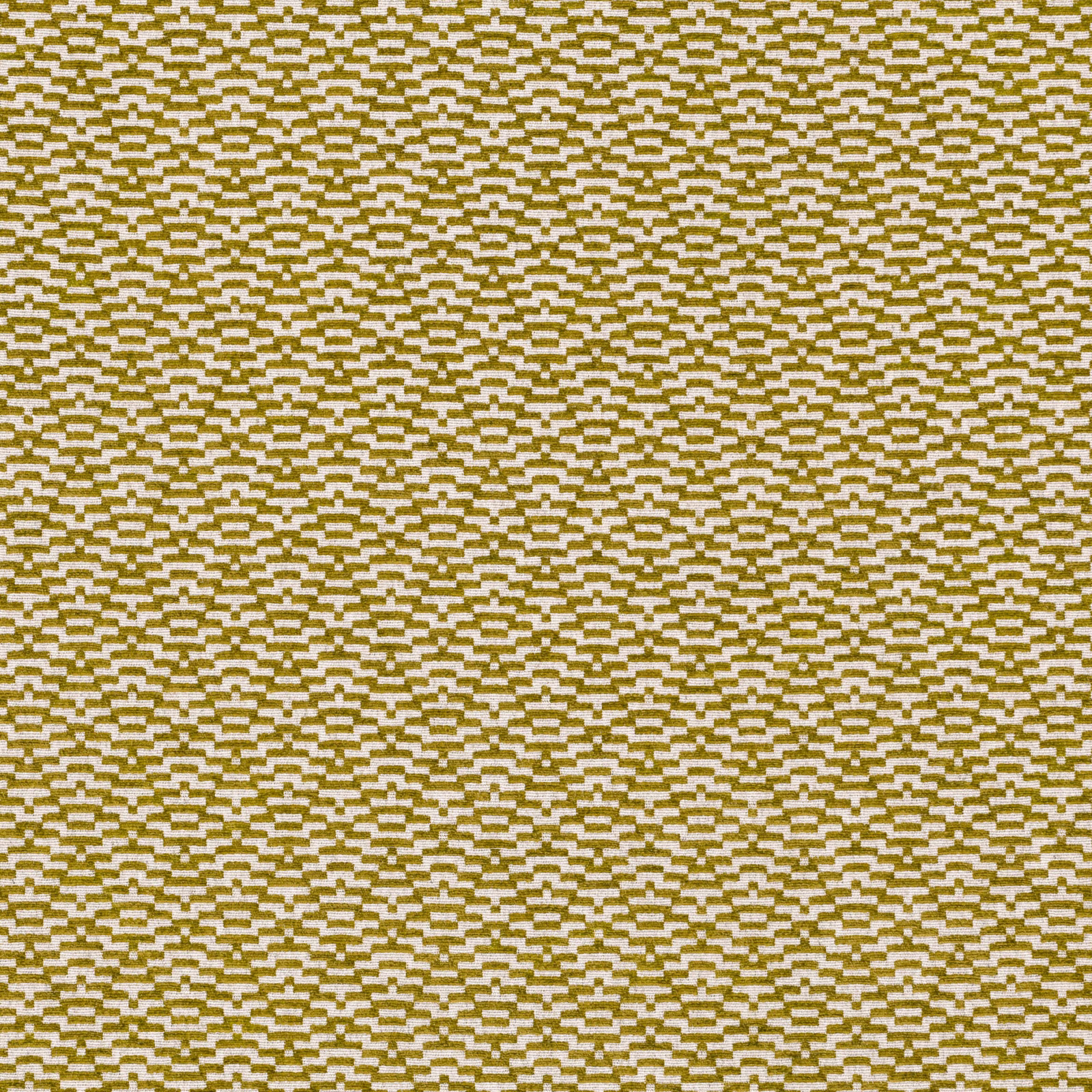 Muted olive and cream woven fabric with a small stepped geometric pattern