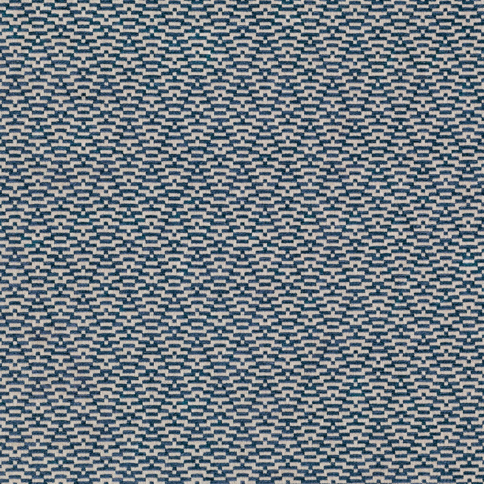 Close-up of blue-grey geometric woven fabric with fine ivory and dark blue accents