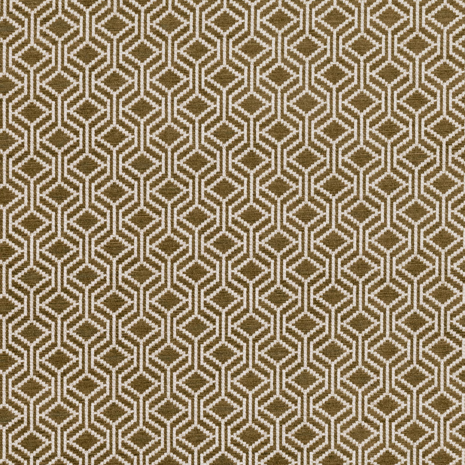 Muted antique-gold woven ground with chalky cream interlocking geometric lines in a tight repeat.