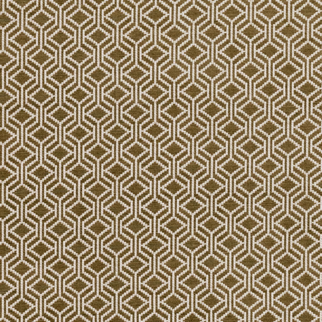Muted antique-gold woven ground with chalky cream interlocking geometric lines in a tight repeat.