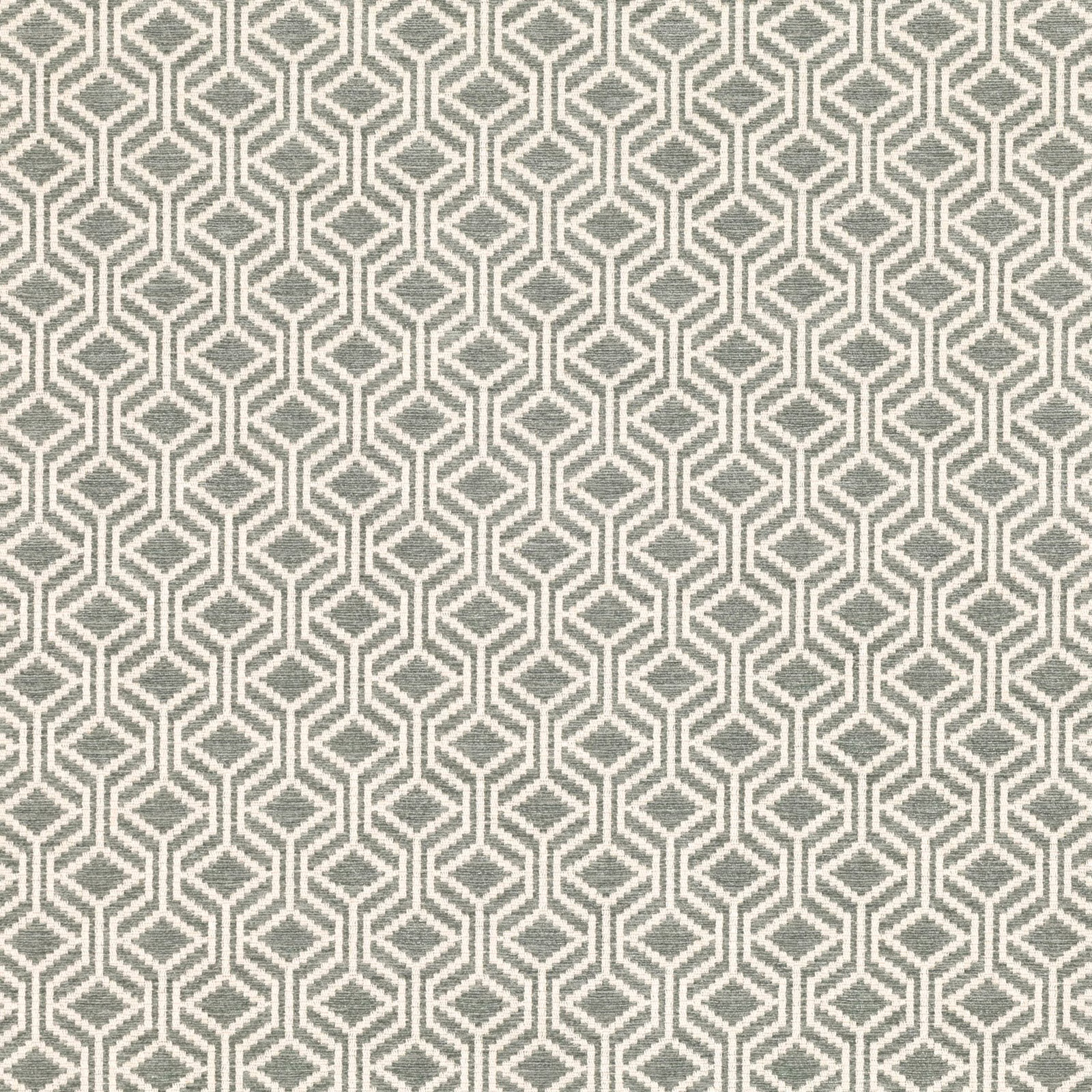 Muted eucalyptus and ivory woven fabric with repeating interlocking diamond lattice