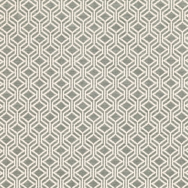 Muted eucalyptus and ivory woven fabric with repeating interlocking diamond lattice