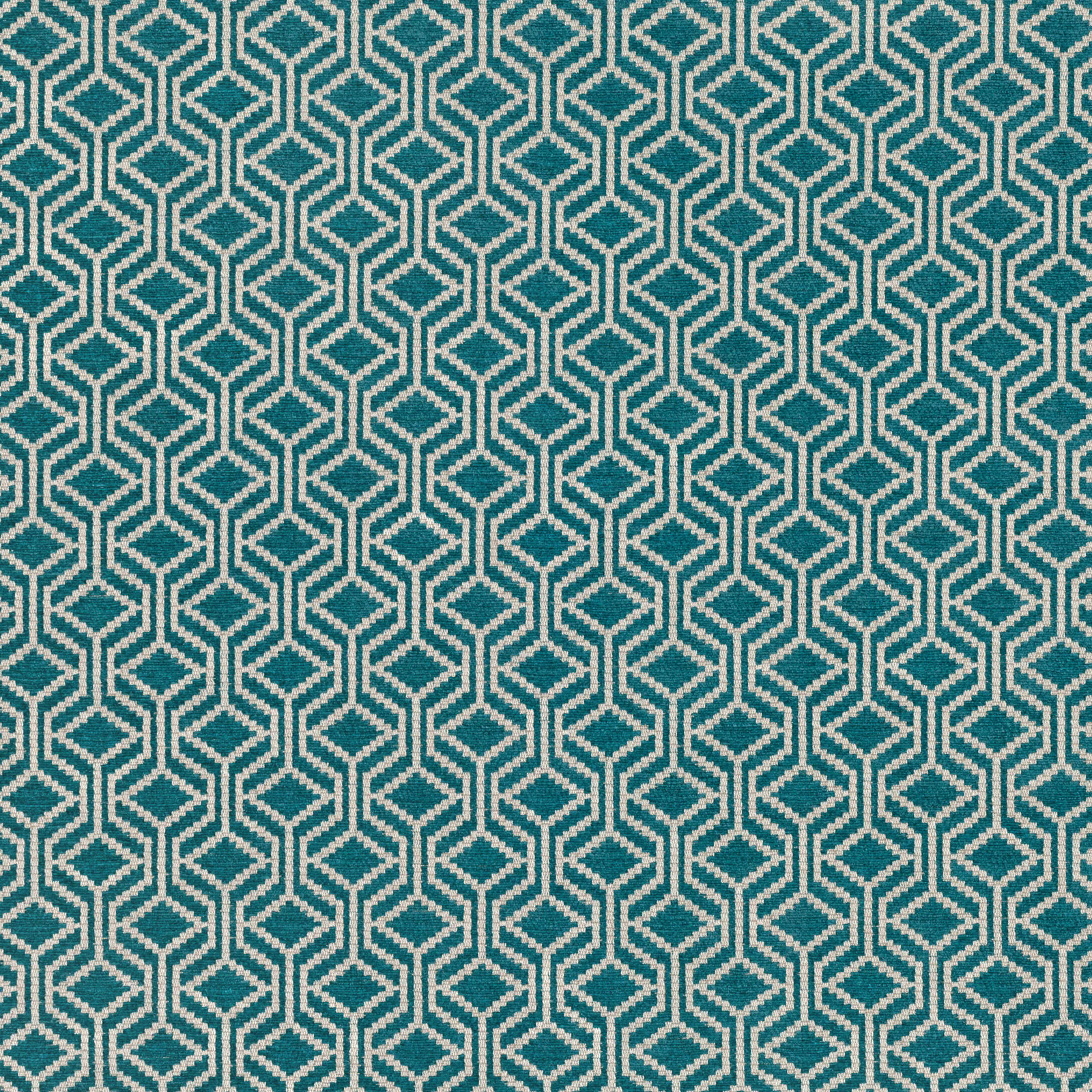 Deep teal woven fabric with repeating ivory interlocking diamond lattice motif