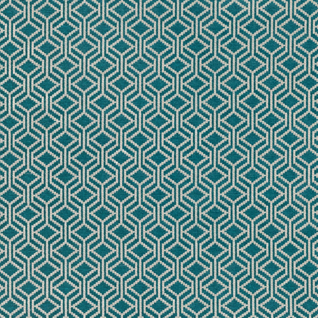 Deep teal woven fabric with repeating ivory interlocking diamond lattice motif