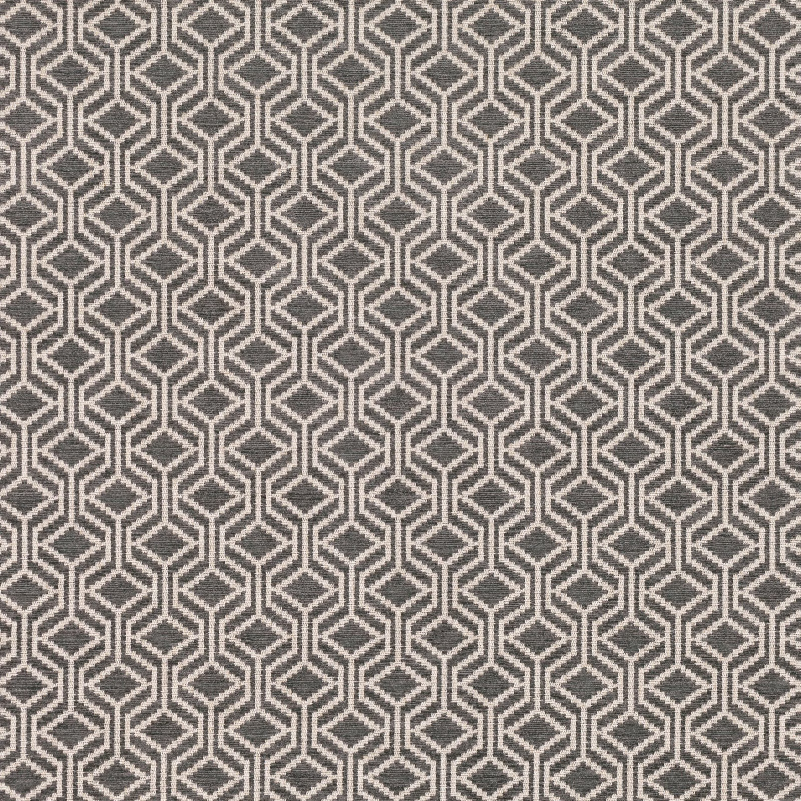 Cool charcoal grey woven fabric with repeating pale interlocking diamond geometry