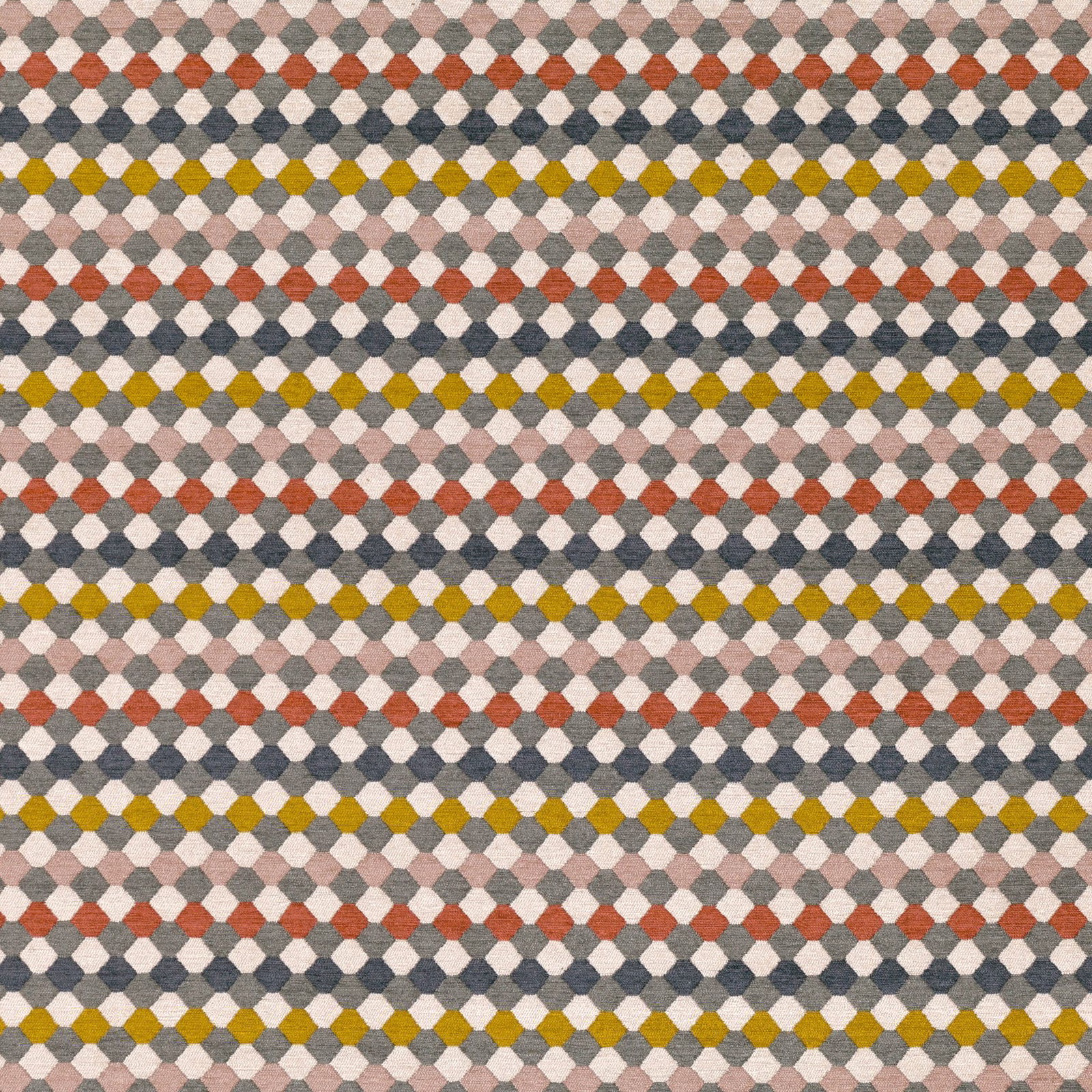 Burnt sienna, cream, grey and mustard diamond weave with a softly textured surface