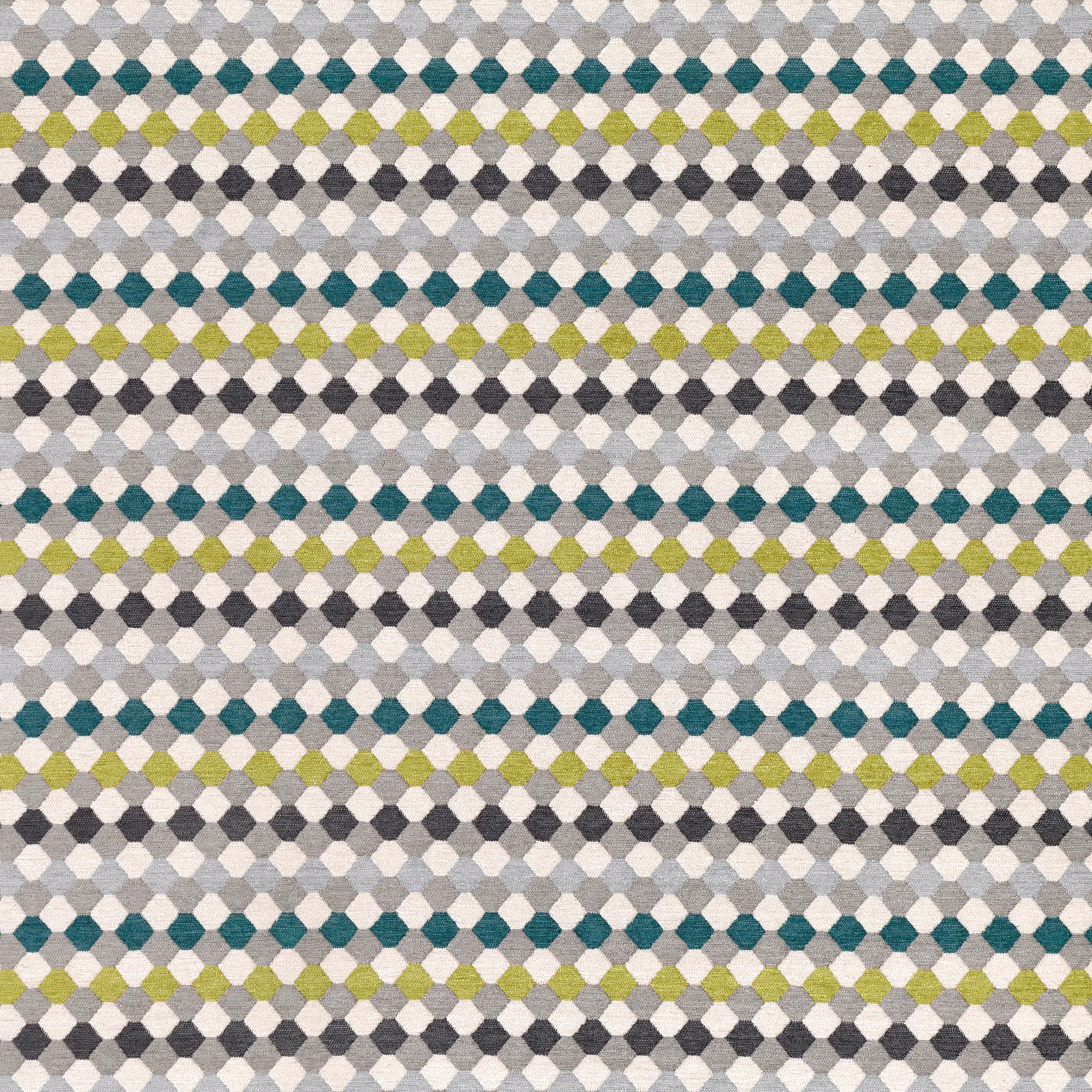 Teal, olive and charcoal diamond checks woven across a pale grey ground