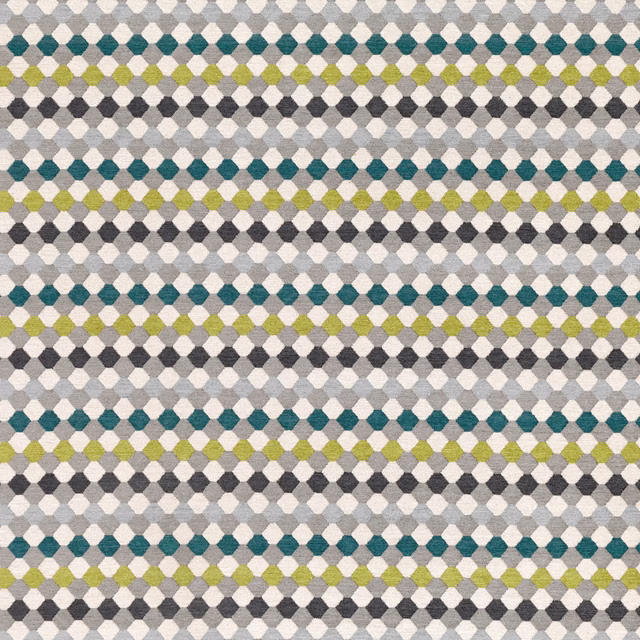 Teal, olive and charcoal diamond checks woven across a pale grey ground