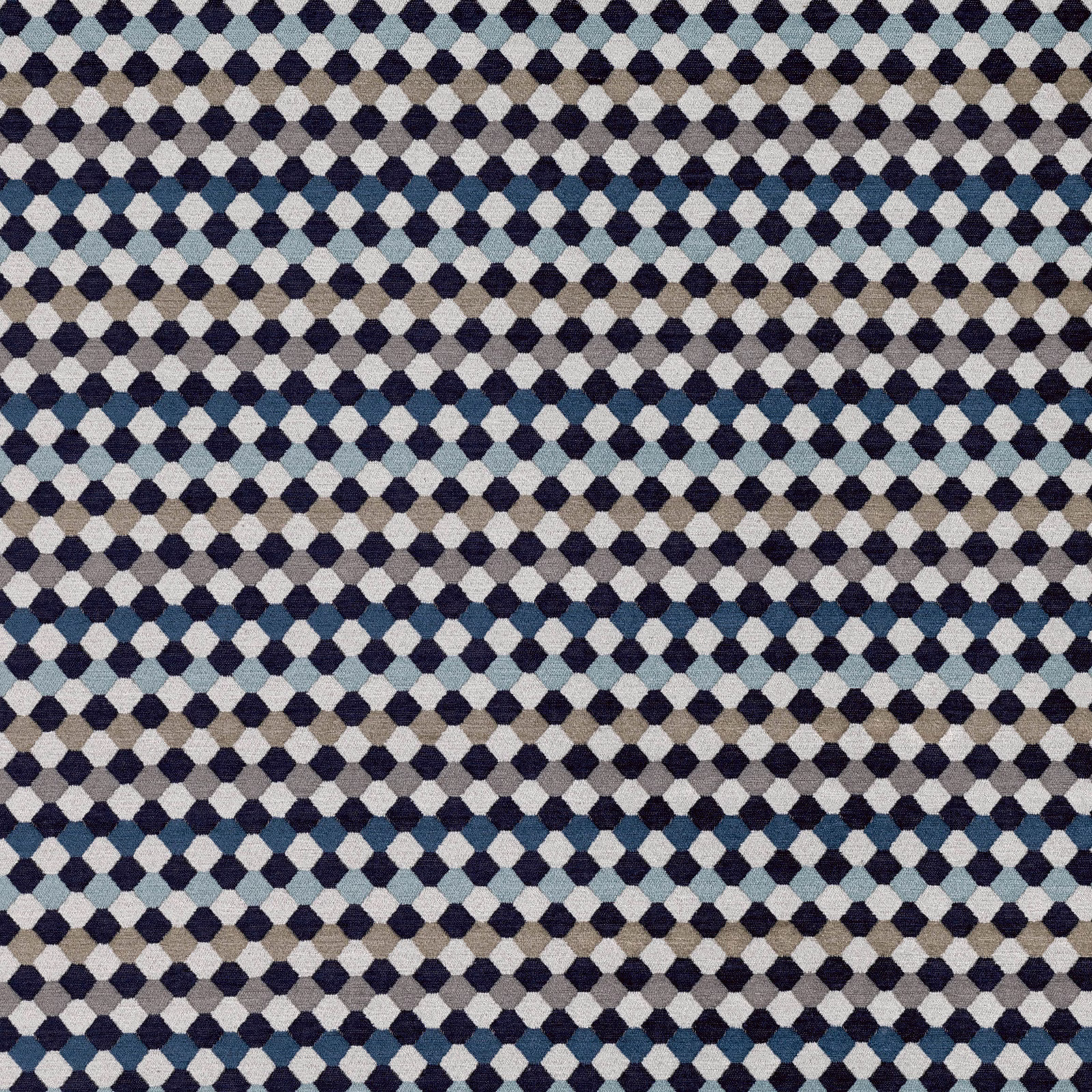 Close-up of navy, teal, cream and brown woven diamond-pattern upholstery fabric