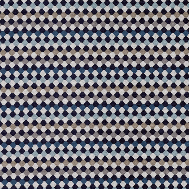 Close-up of navy, teal, cream and brown woven diamond-pattern upholstery fabric