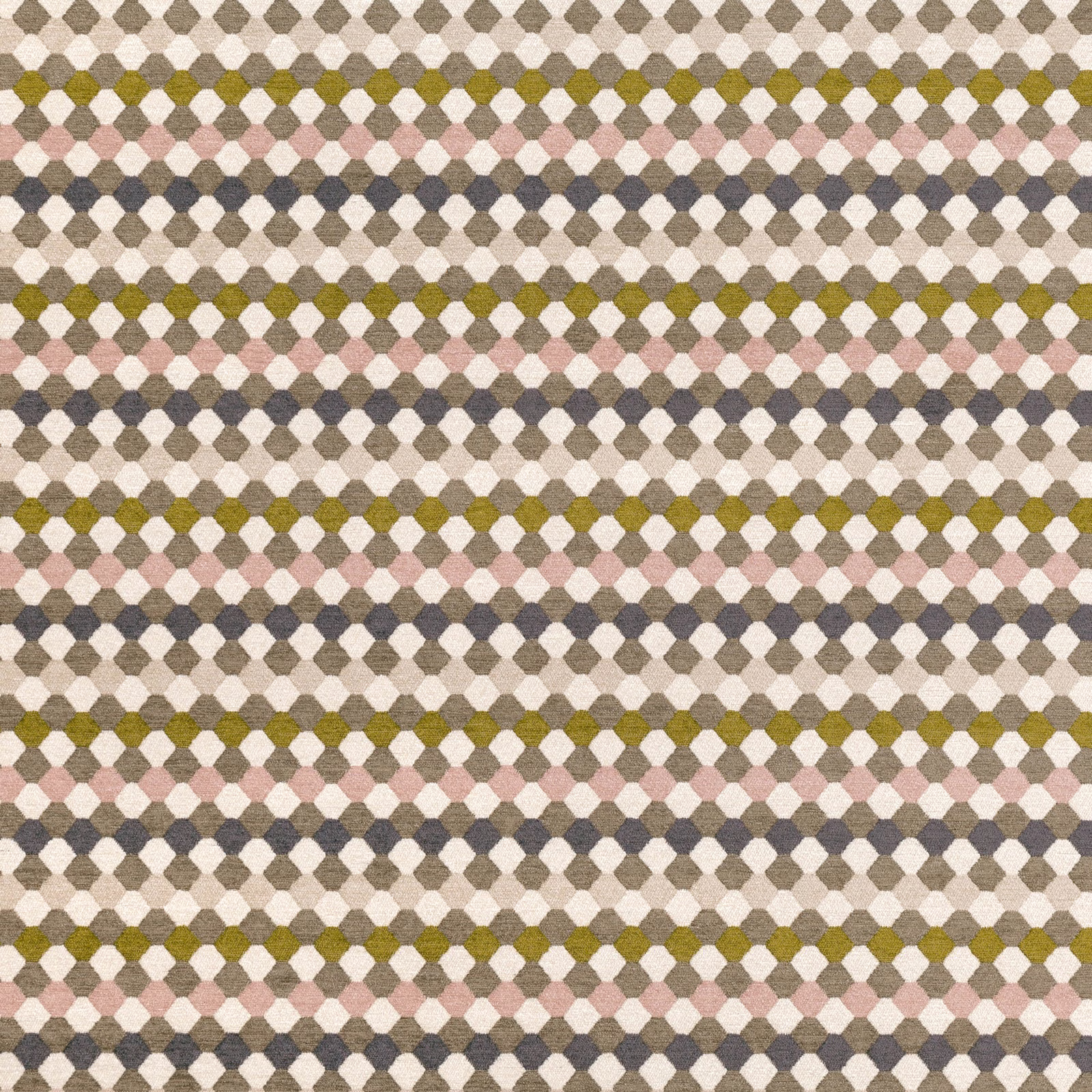 Taupe woven fabric with blush, olive and charcoal diamond-patterned rows
