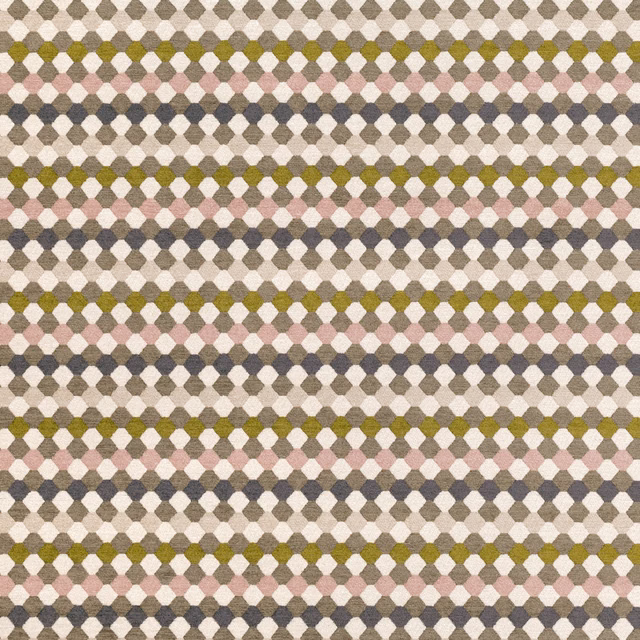 Taupe woven fabric with blush, olive and charcoal diamond-patterned rows