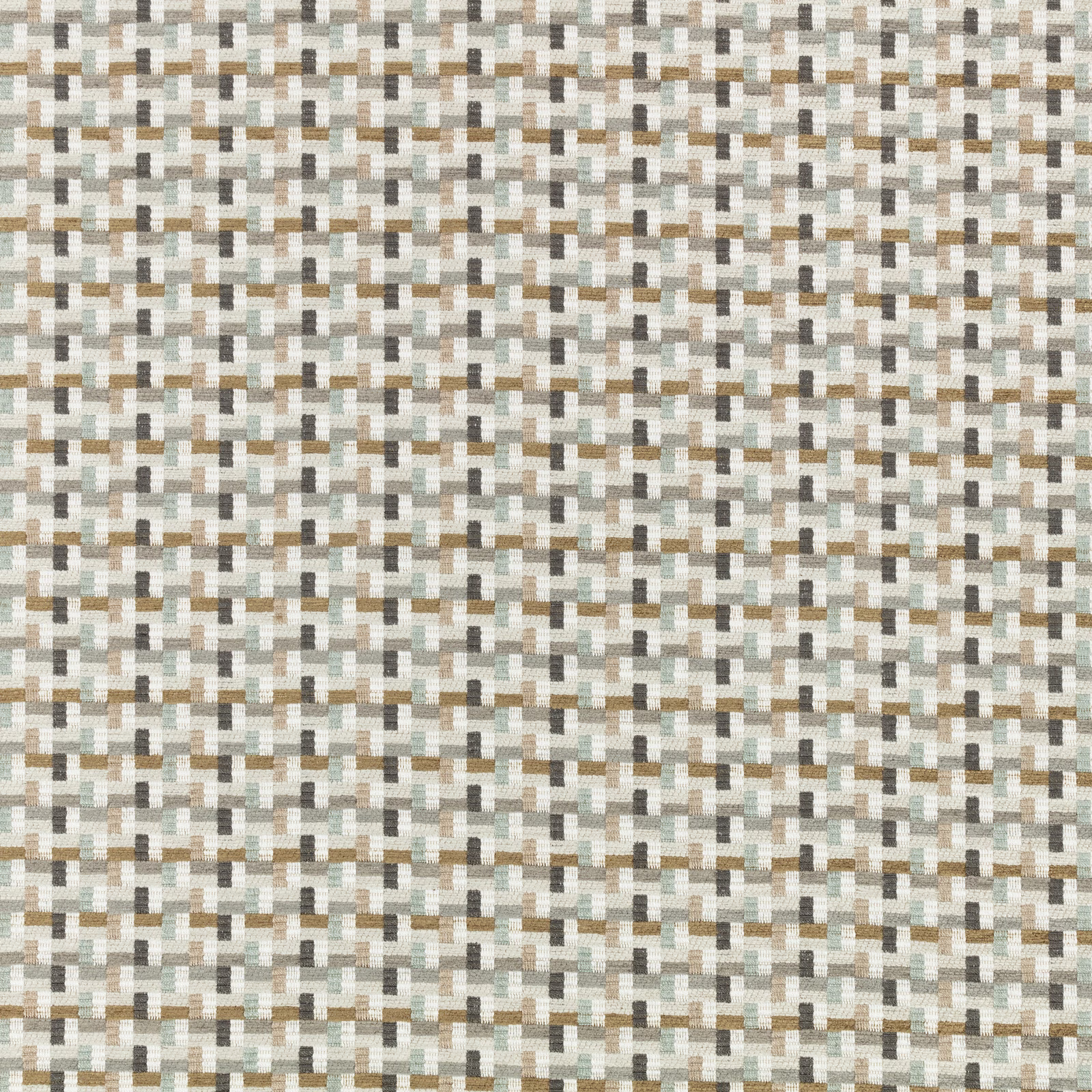 Small-scale woven geometric blocks in antique gold, cream, taupe and muted grey