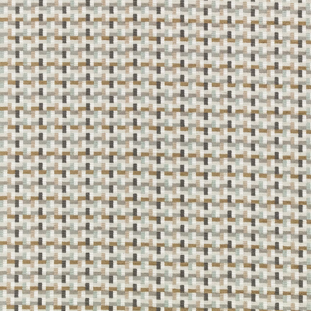 Small-scale woven geometric blocks in antique gold, cream, taupe and muted grey