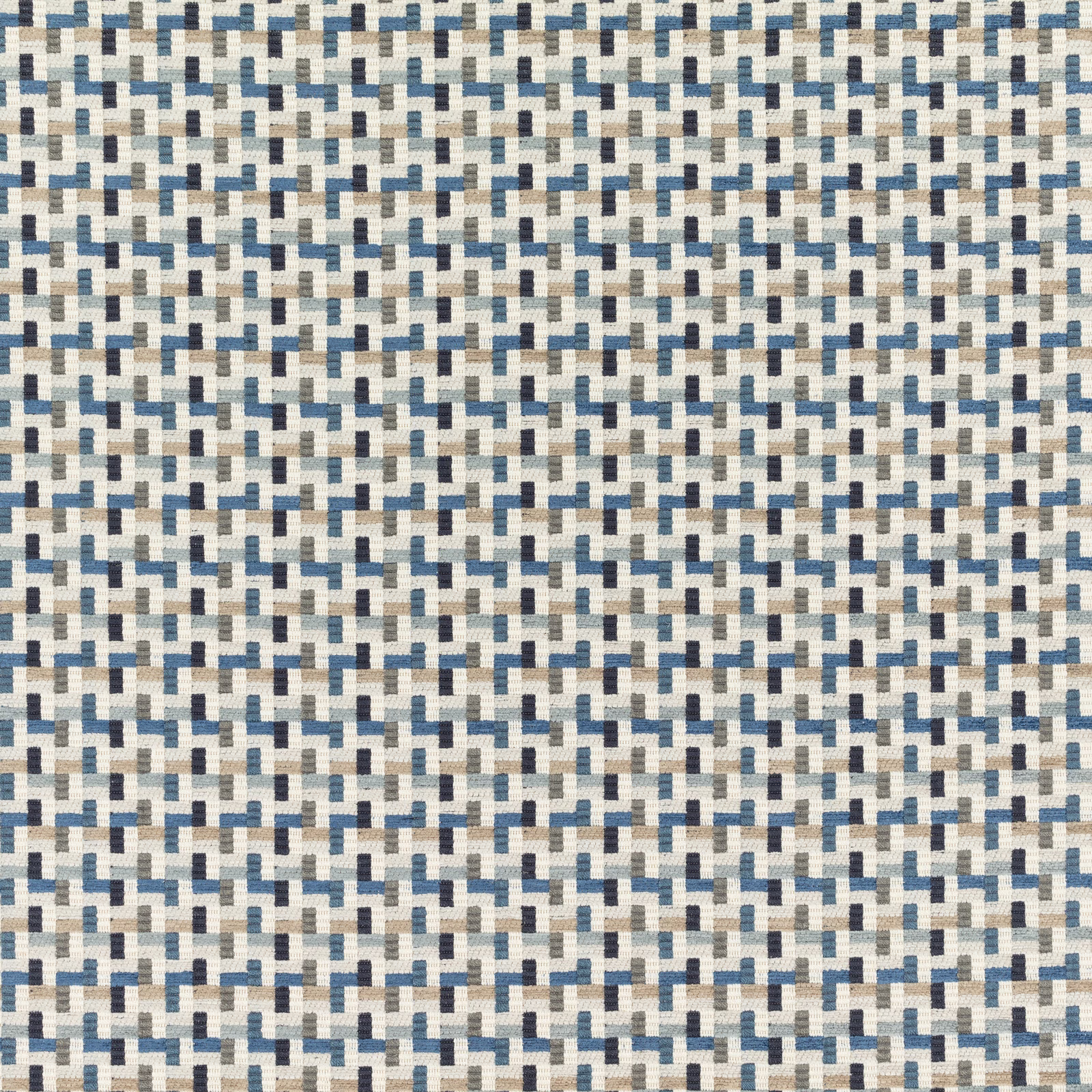 Small geometric woven textile in bilberry blue, cream, taupe and grey