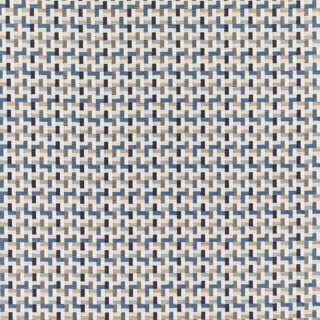 Small geometric woven textile in bilberry blue, cream, taupe and grey