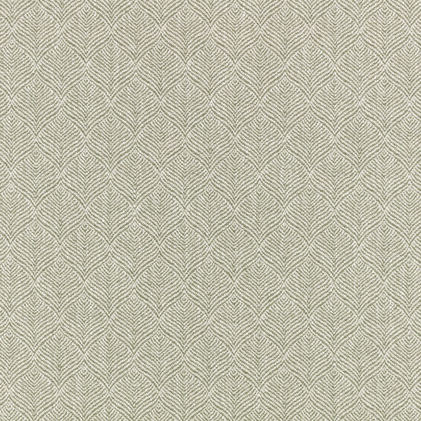 Muted fern-green woven fabric with repeating pale leaf-chevron motifs
