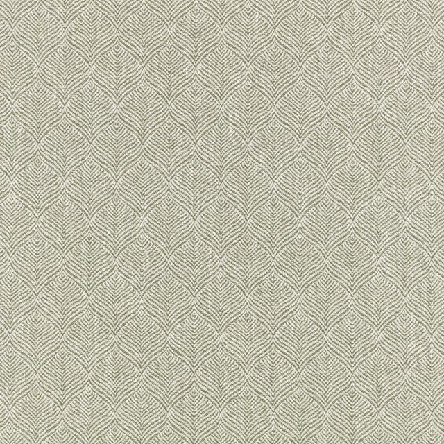 Muted fern-green woven fabric with repeating pale leaf-chevron motifs