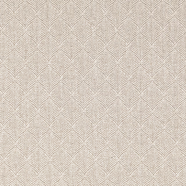Soft taupe-grey woven fabric with small repeating leaf and diamond motifs