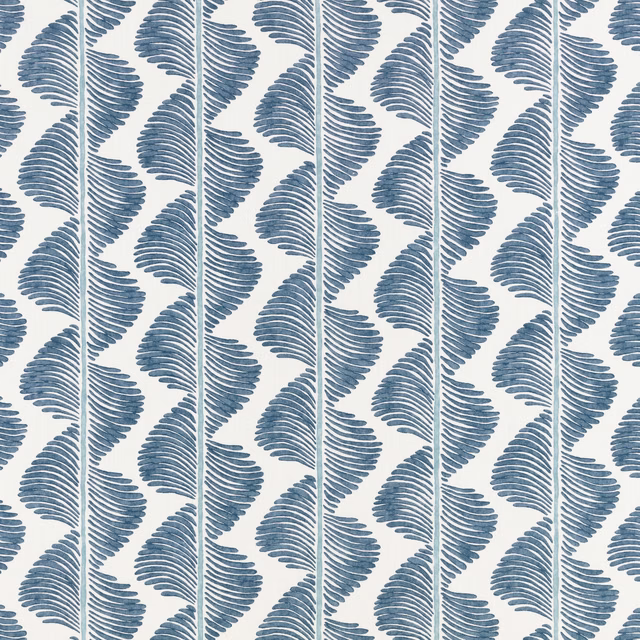 Muted blue fern fronds in vertical rows over a soft white ground