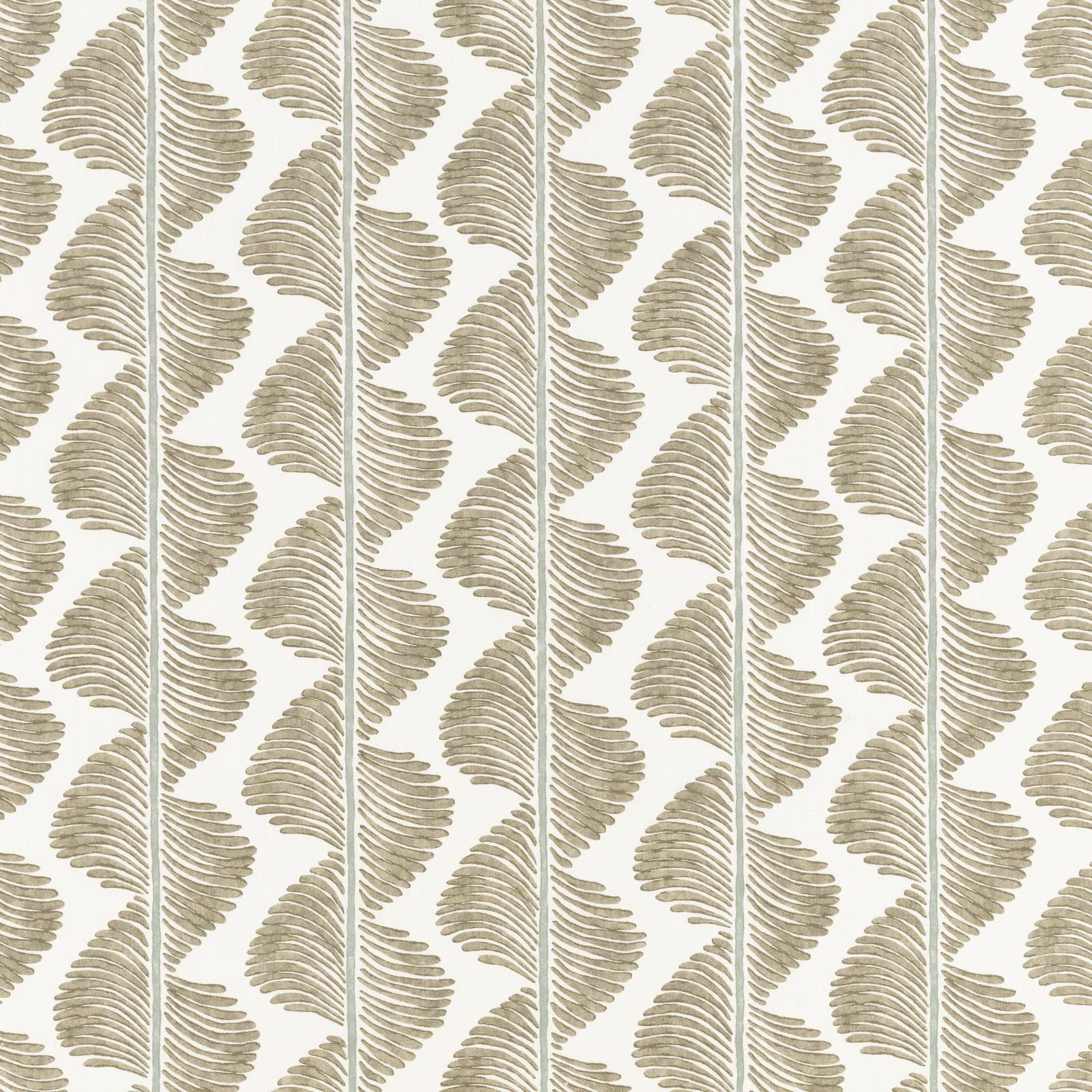 Warm ivory fabric with repeated taupe fern fronds and fine linear texture
