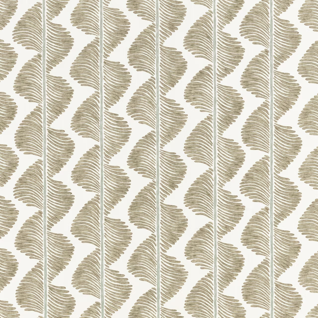 Warm ivory fabric with repeated taupe fern fronds and fine linear texture