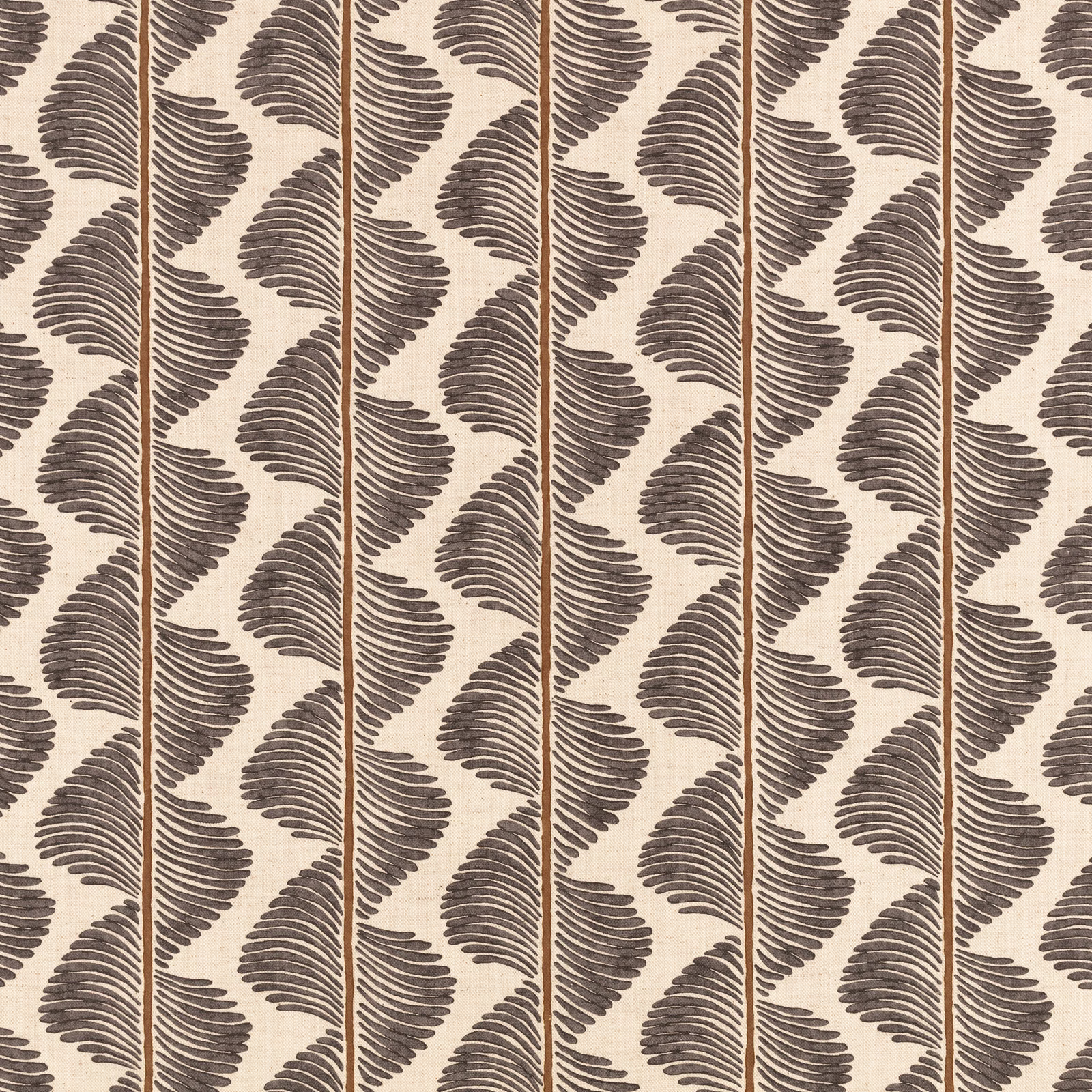Warm beige fabric with dark taupe fern fronds arranged in vertical rows