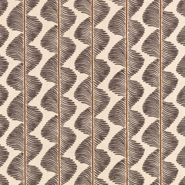Warm beige fabric with dark taupe fern fronds arranged in vertical rows