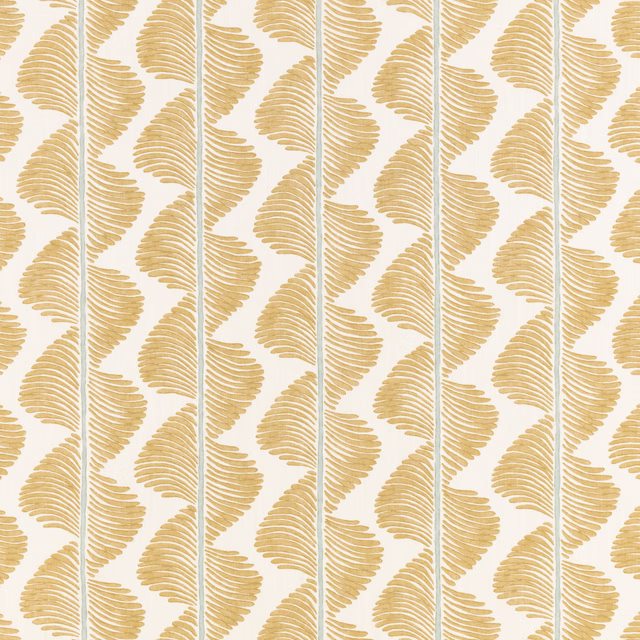 Ivory fabric with warm hay-gold fern fronds arranged in repeating vertical bands