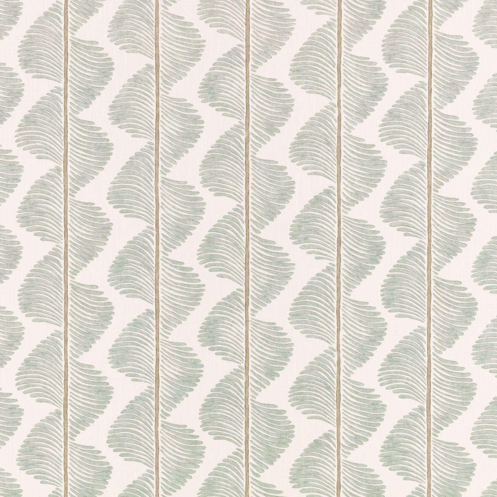 Cream fabric with muted sage fan-shaped leaves arranged in narrow vertical rows