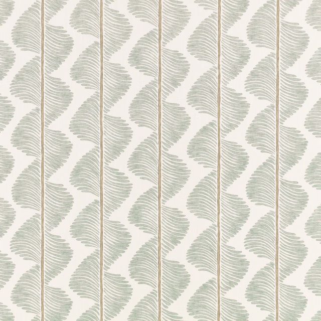 Cream fabric with muted sage fan-shaped leaves arranged in narrow vertical rows