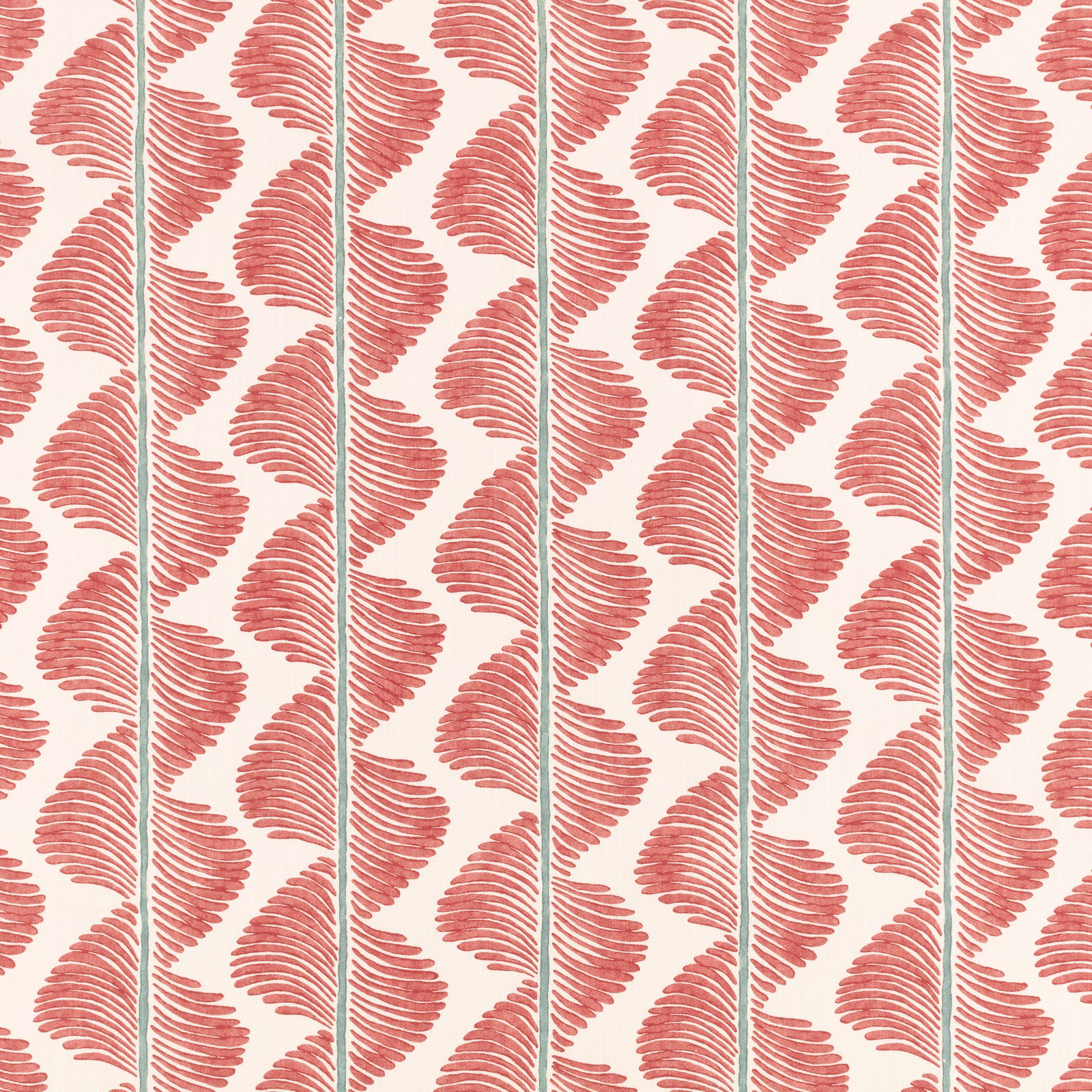 Muted coral fern fronds repeat in vertical stripes on a cream ground