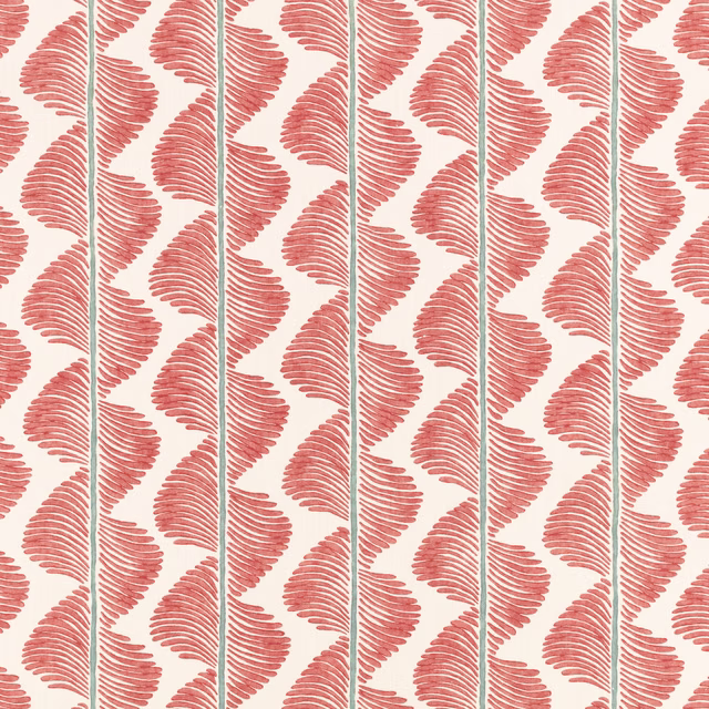Muted coral fern fronds repeat in vertical stripes on a cream ground
