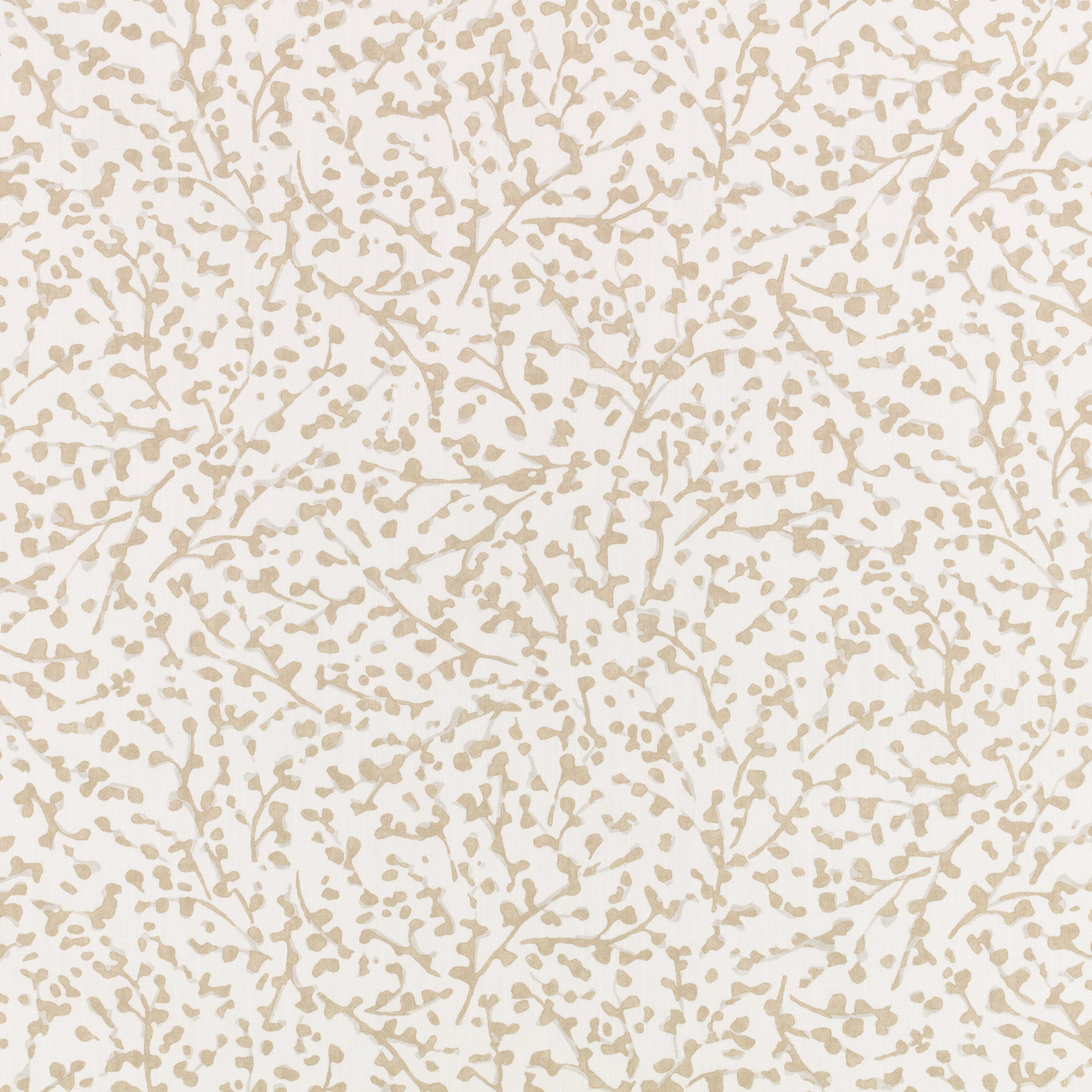 Warm cream fabric with fine almond branches and scattered botanical sprigs
