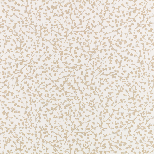 Warm cream fabric with fine almond branches and scattered botanical sprigs