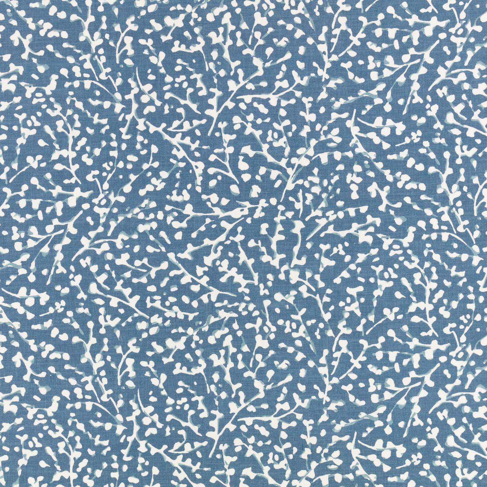 Cool blue fabric with dense ivory sprigs and fine branching botanical lines