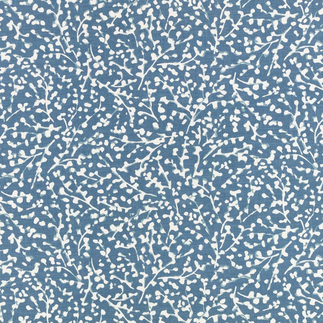 Cool blue fabric with dense ivory sprigs and fine branching botanical lines