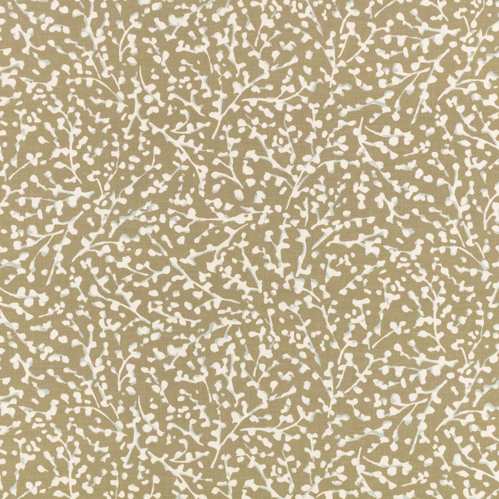 Muted caper olive fabric with ivory branching botanical stems and scattered leaf-like marks