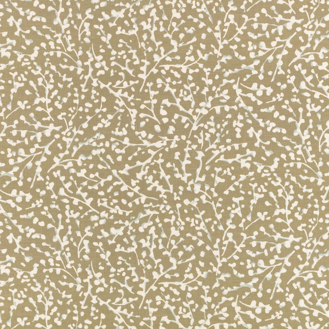 Muted caper olive fabric with ivory branching botanical stems and scattered leaf-like marks