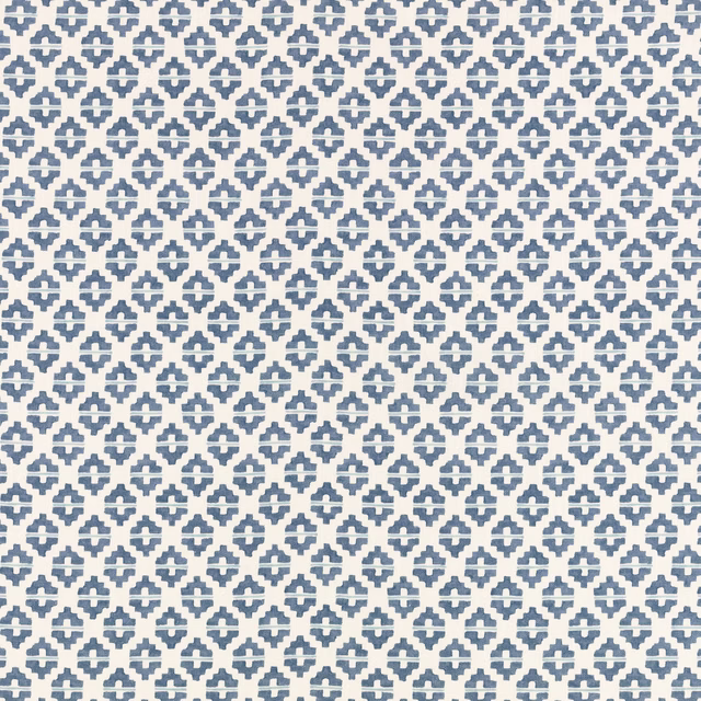 Cool blue and ivory woven geometric repeat with softly textured, even surface